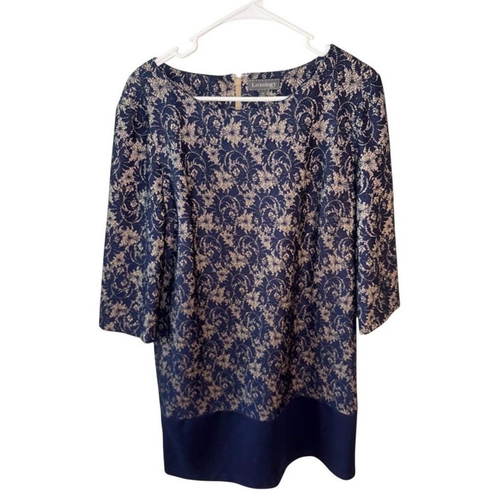 Luxology Womens Navy Gold Floral Lace 3/4 Sleeve Shift Dress Size 14